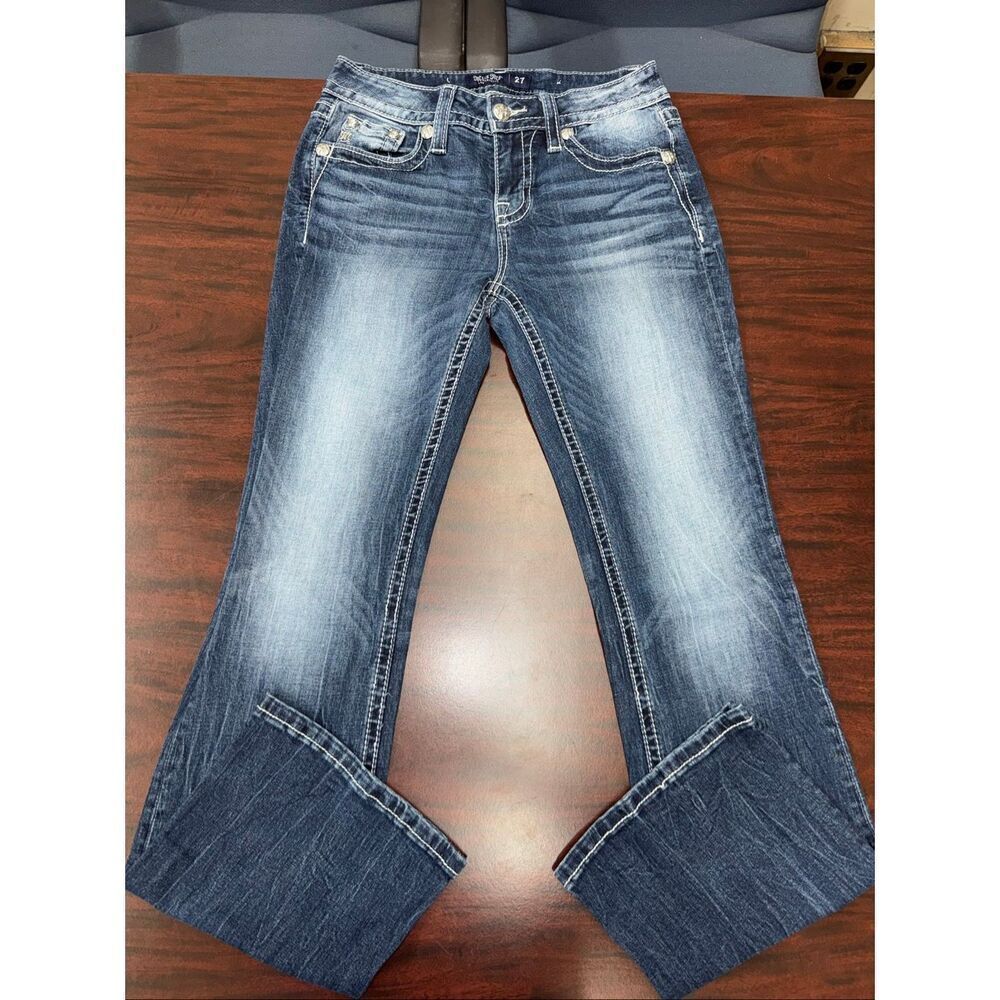 Miss Me Low-Rise Bootcut Jeans Size 27 with Cow Fur and Rhinestones